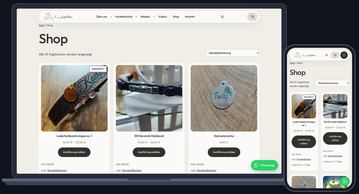 Onlineshop couchgoblins.de auf Laptop und Smartphone – Shopseite mit Halsbändern und Namensmarken, gebaut von Fly & Froth
