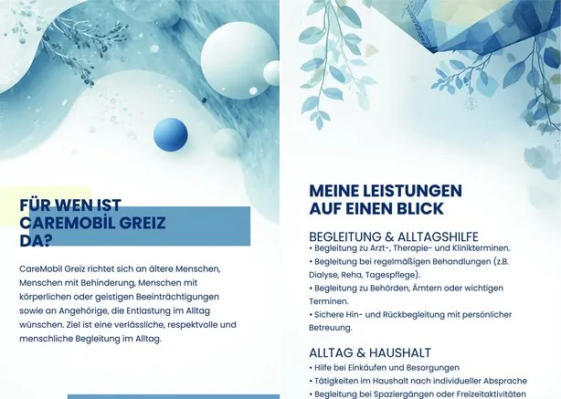 Flyer für CareMobil Greiz – Alltagsbegleitung · Innenseiten, gestaltet von Fly & Froth
