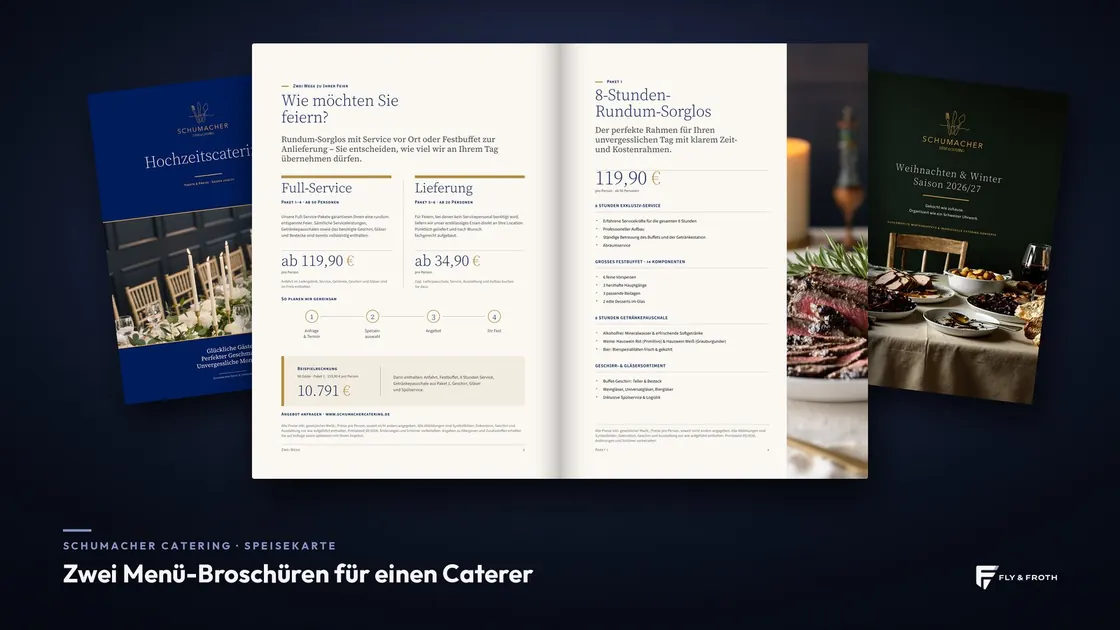 Zwei Menü-Broschüren für einen Caterer – Speisekarten-Design für Schumacher Catering von Fly & Froth