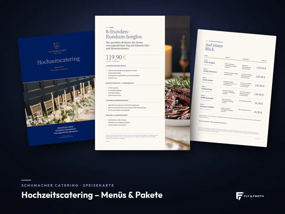 Hochzeitscatering – Menüs & Pakete – Speisekarten-Design für Schumacher Catering von Fly & Froth