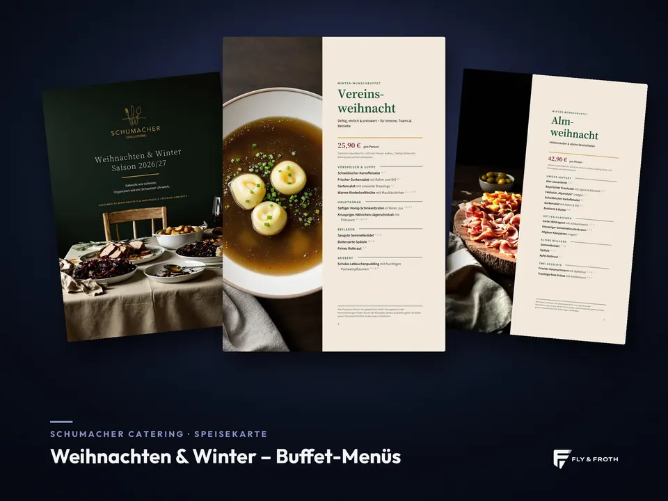 Weihnachten & Winter – Buffet-Menüs – Speisekarten-Design für Schumacher Catering von Fly & Froth