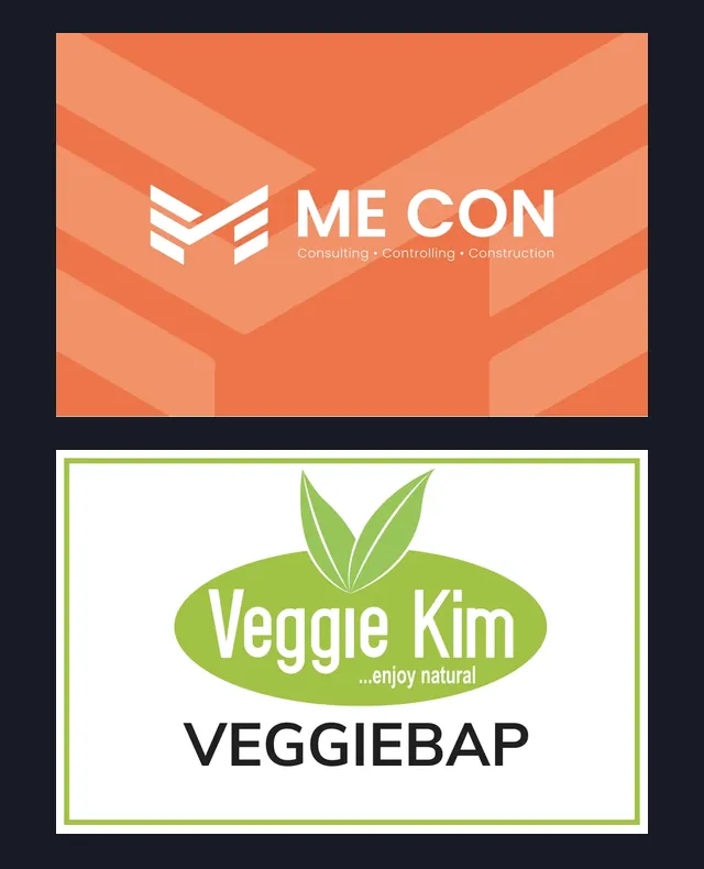 Zwei echte Visitenkarten von Fly & Froth: ME CON (orange) und Veggie Kim (grün)