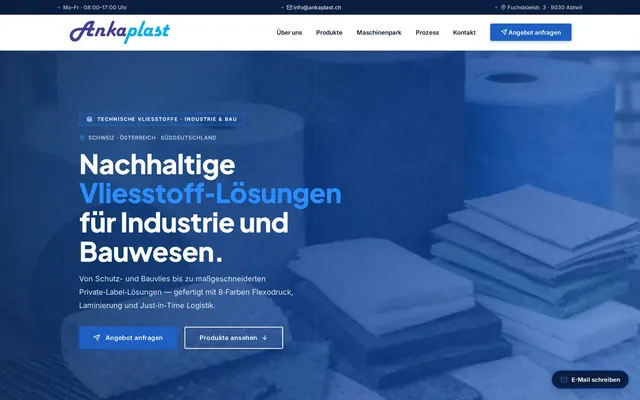 Startseite der Website von Ankaplast (ankaplast.ch) – technische Vliesstoffe für Industrie und Bau