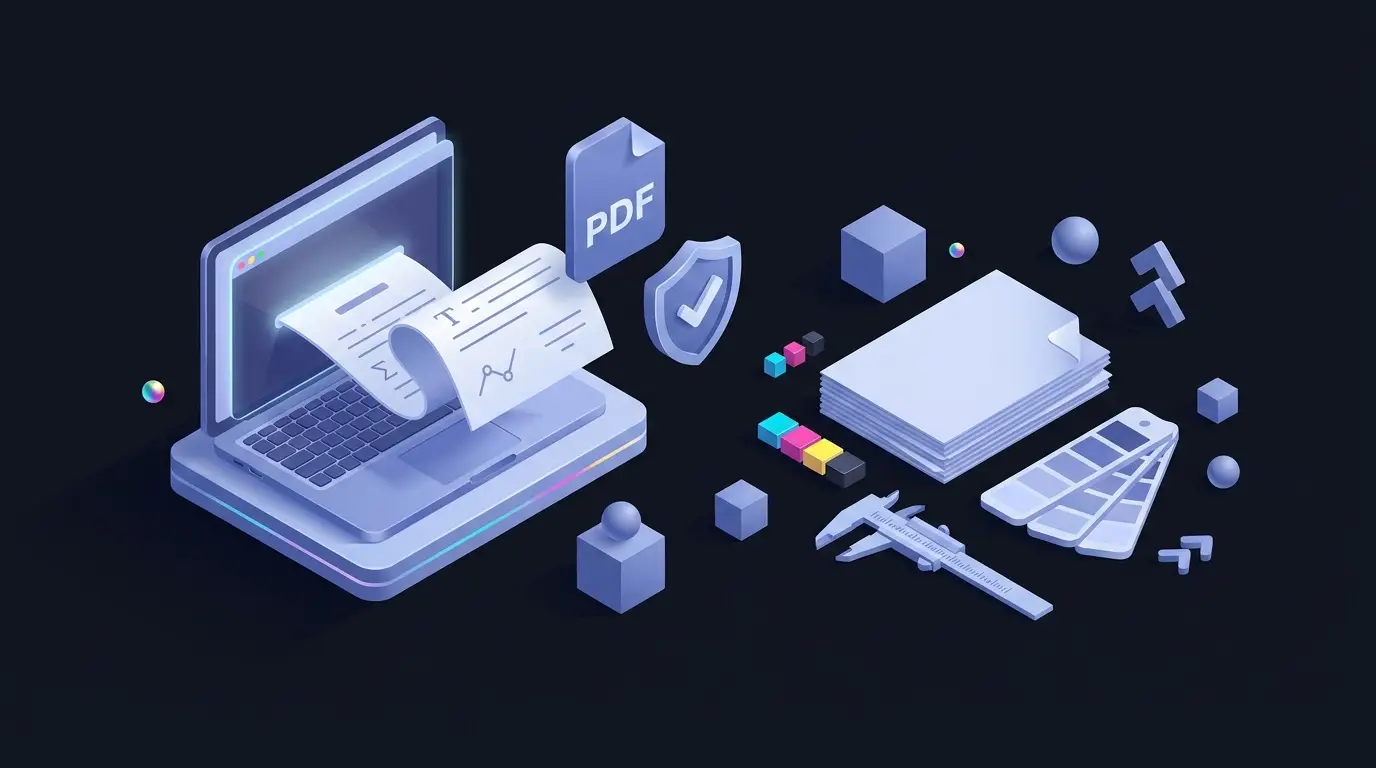 Druckdaten-Checkliste mit PDF/X-Symbol, Farbpalette und 300-dpi-Lupe auf Schreibtisch – Fly & Froth