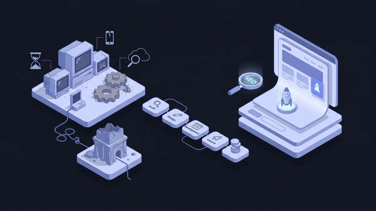 Webdesigner plant Website-Relaunch am Bildschirm mit Skizzen und Analytics-Dashboard – Fly & Froth