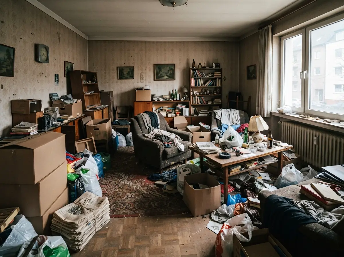 Vollgestellte Wohnung vor der Entrümpelung – Möbel, Kartons und Zeitungsstapel