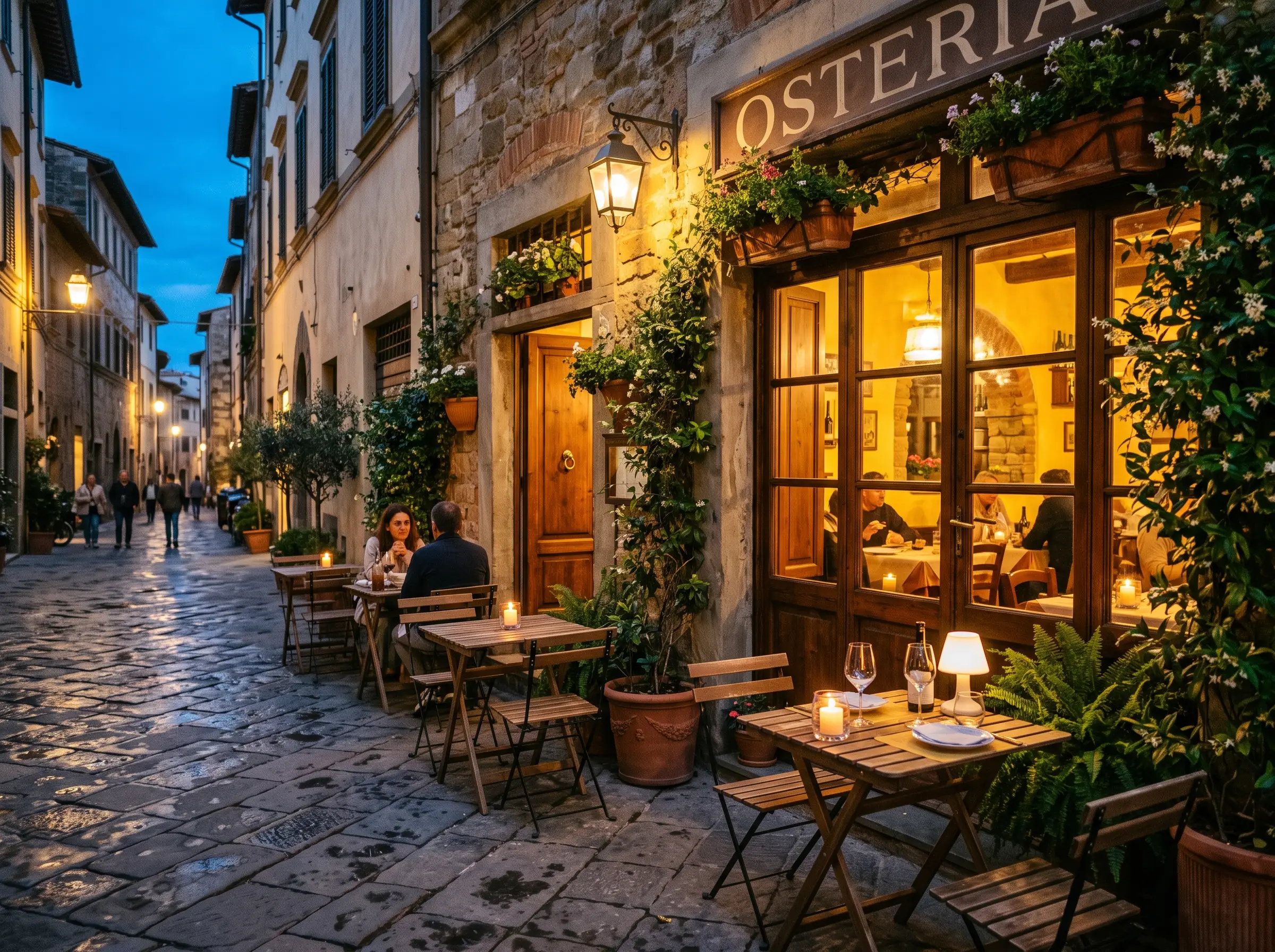 Osteria Nove am Abend – warmes Licht, Bistrotische vor der Tür