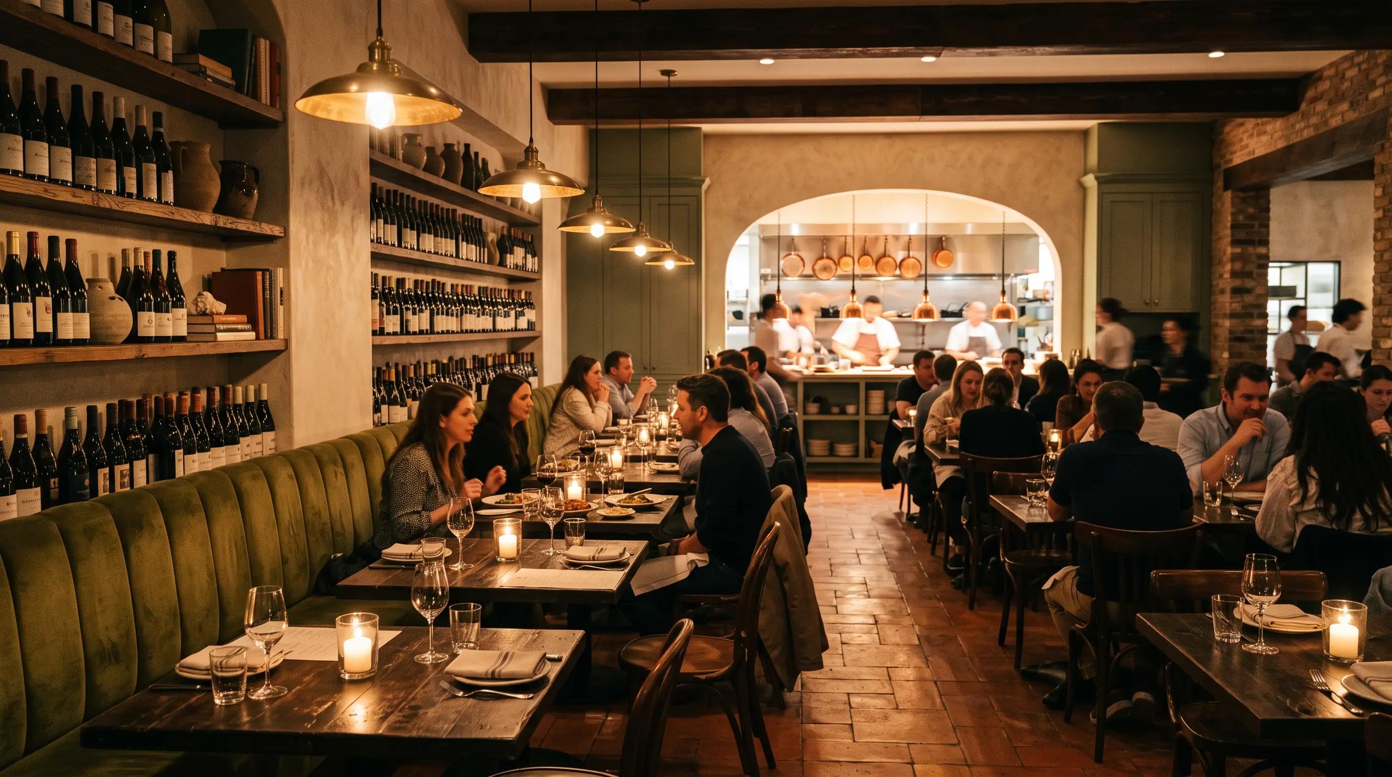 Innenraum der Osteria Nove am Abend – warmes Licht, dunkle Holztische, offene Küche