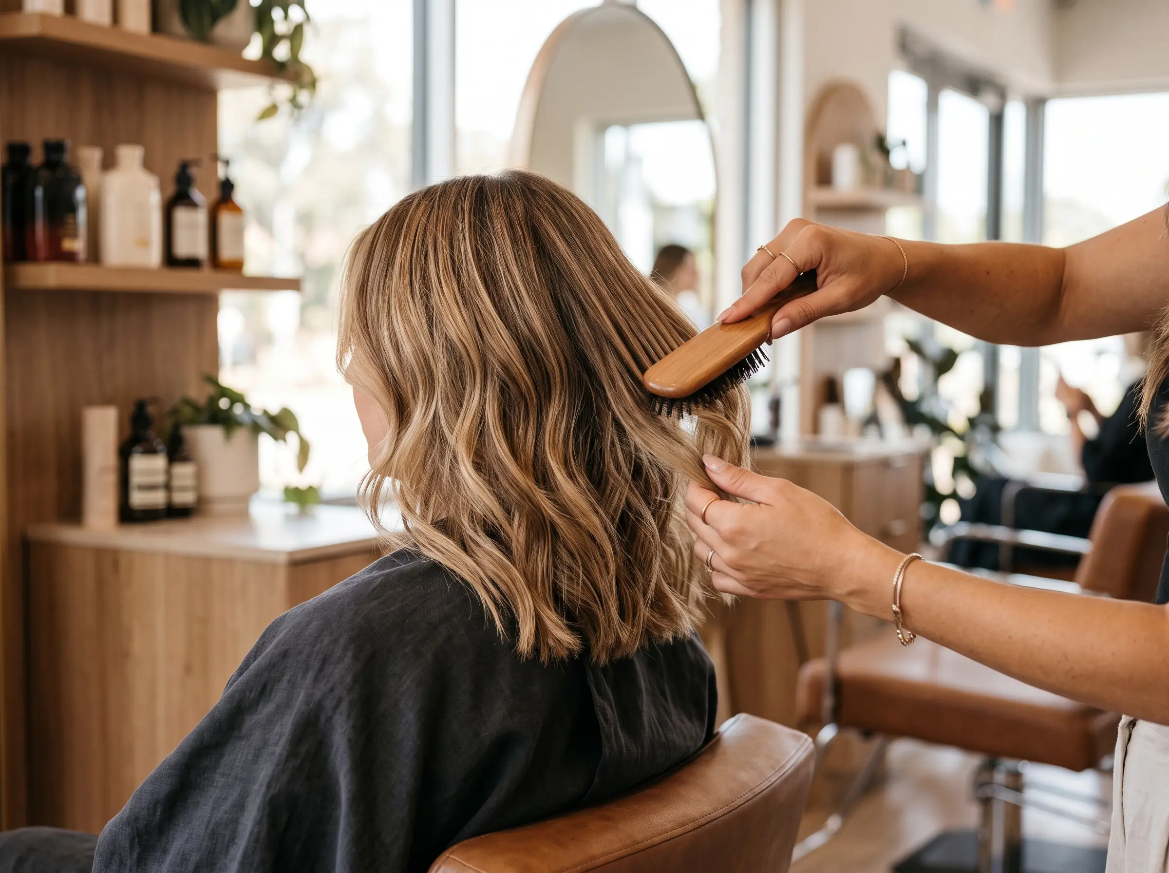 Stylistin föhnt frisch geschnittene Balayage-Haare im Salon