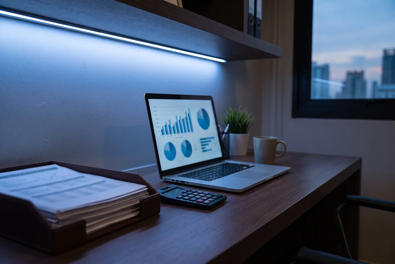 Finanzunterlagen und Laptop am Schreibtisch – Demo-Abbildung