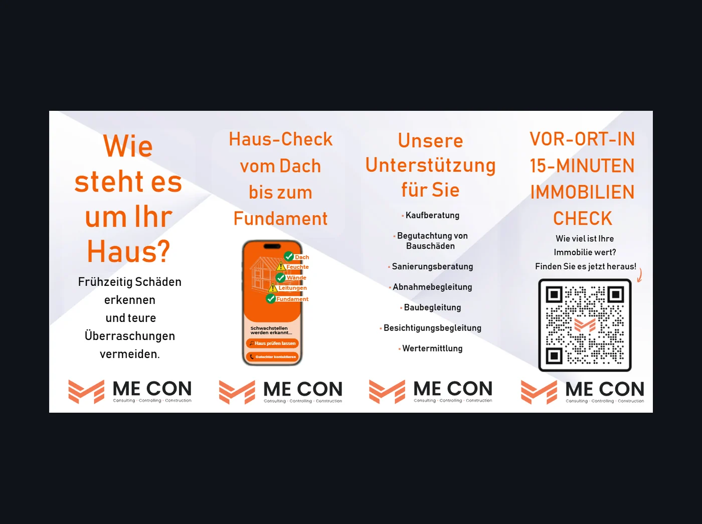 Vier Rollup-Banner für ME CON Bausachverständige – umgesetzter Kundenauftrag von Fly & Froth