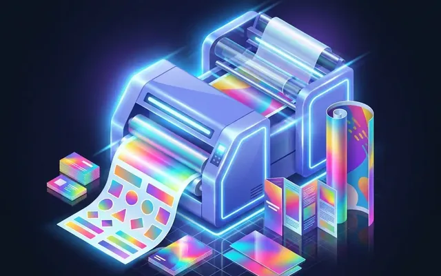 Illustration: Druckmaschine mit farbigen Druckbögen