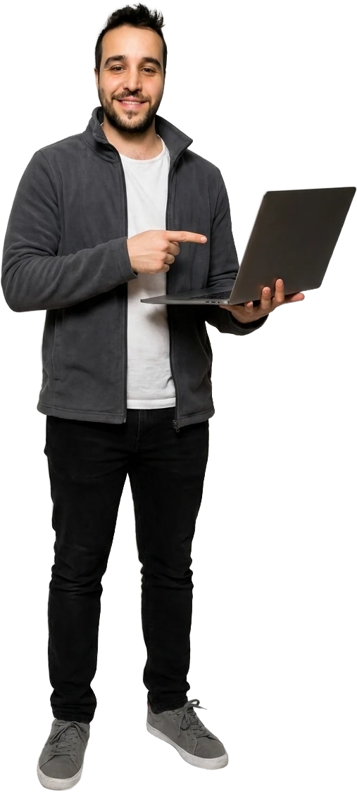 Mehmet Genco zeigt eine fertige Website auf dem Laptop
