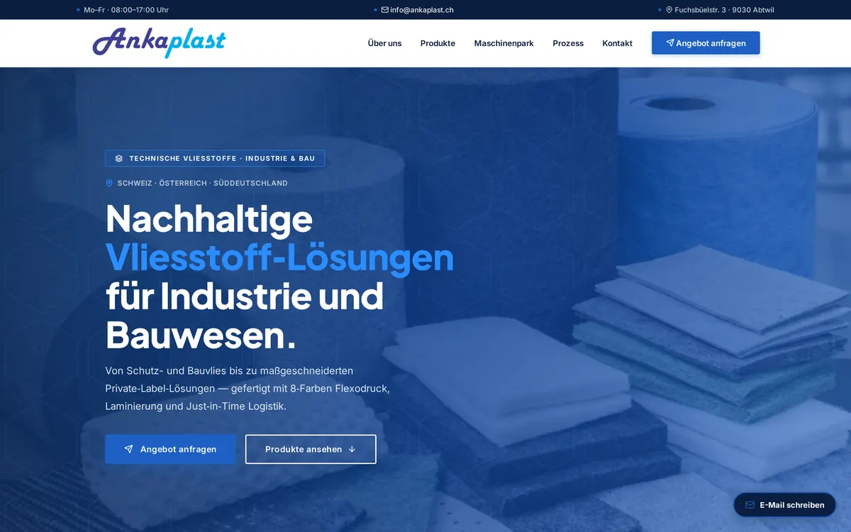 Startseite der Website von Ankaplast (ankaplast.ch) – technische Vliesstoffe für Industrie und Bau