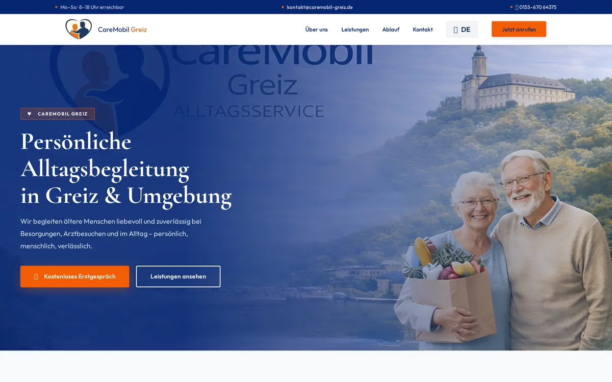 Startseite der Website von CareMobil Greiz – Alltagsbegleitung für ältere Menschen in Greiz