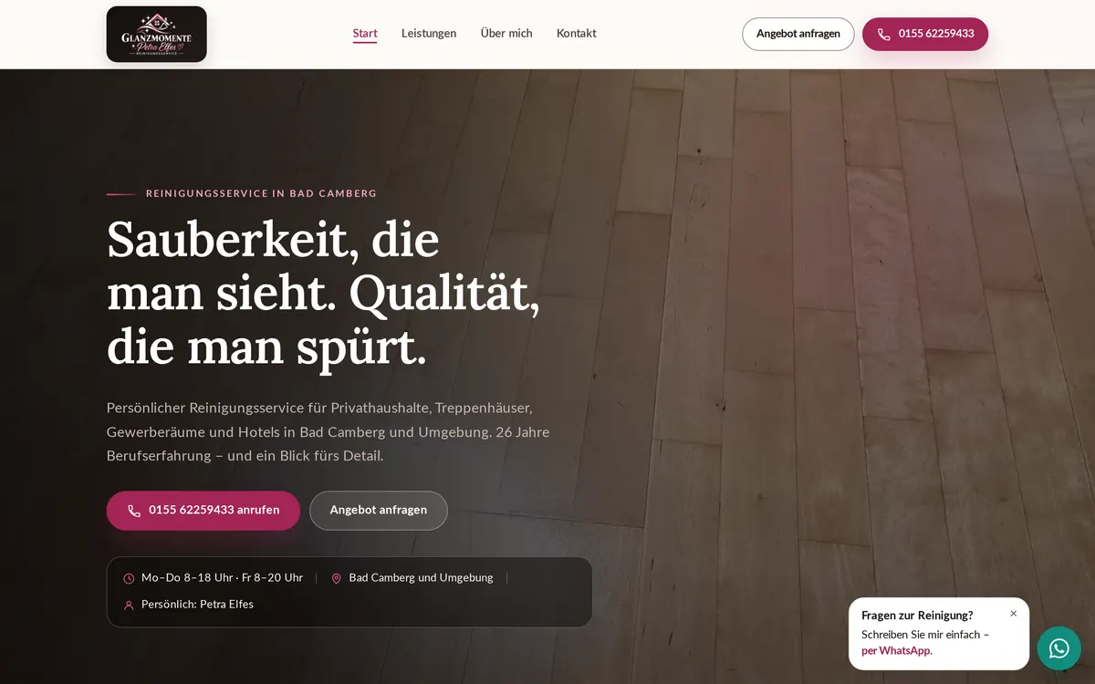 Startseite der Website von Glanzmomente – Reinigungsservice von Petra Elfes in Bad Camberg