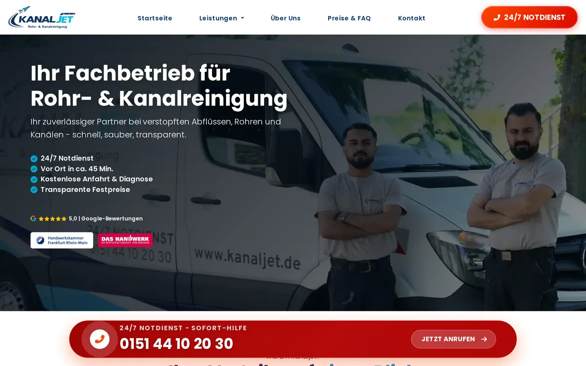 Startseite der Website von Kanaljet – Rohr- und Kanalreinigung mit 24/7-Notdienst