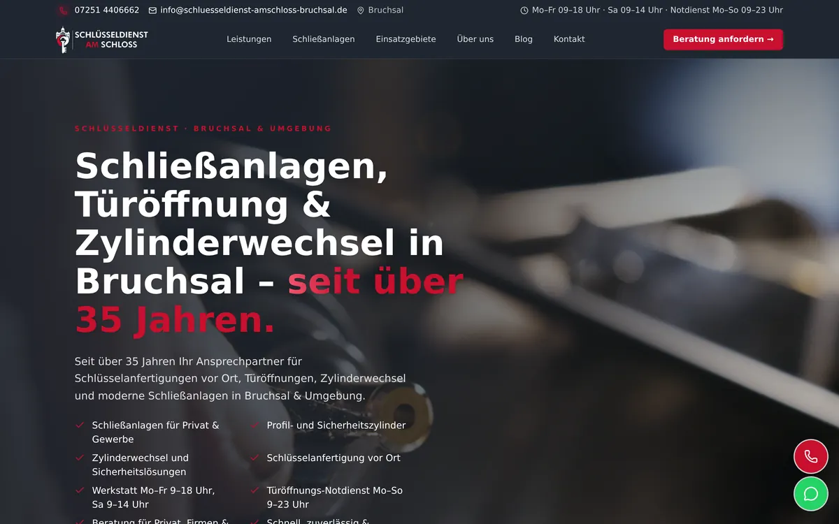 Startseite der Website von Schlüsseldienst am Schloss in Bruchsal – Schließanlagen und Türöffnung