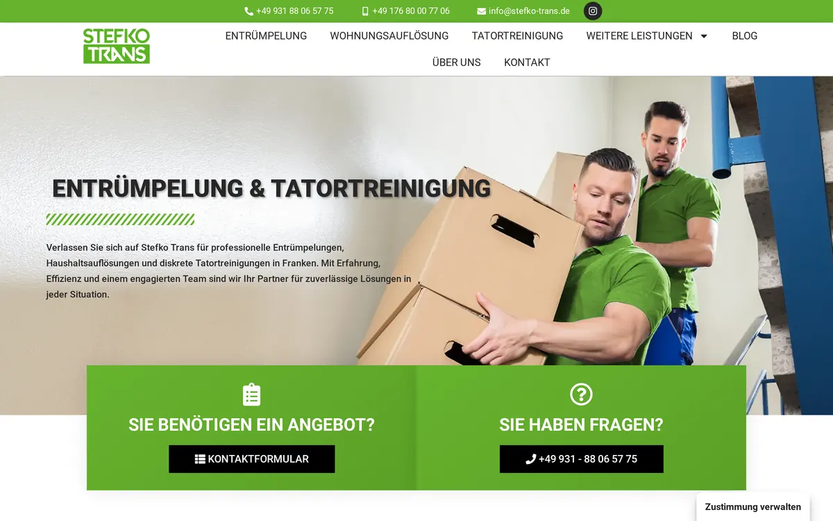 Startseite der Website von Stefko-Trans – Entrümpelung und Tatortreinigung in Würzburg