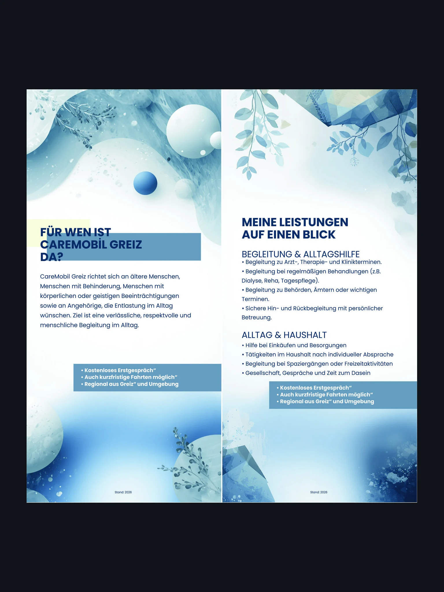 Pflegedienst-Flyer für CareMobil Greiz – umgesetzte Kundenarbeit von Fly & Froth