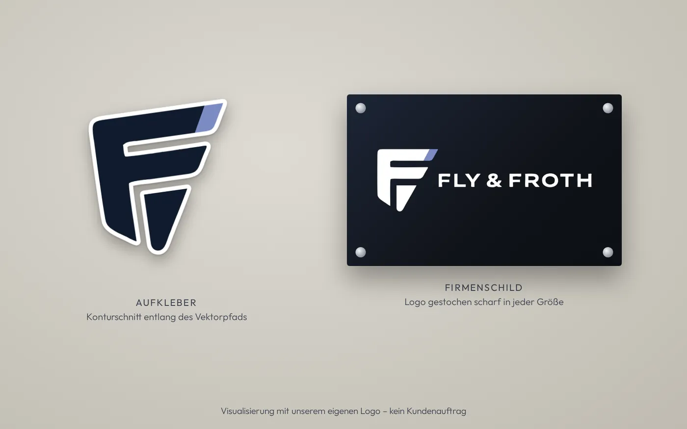 Visualisierung: Aufkleber mit Konturschnitt und Firmenschild mit dem Fly & Froth-Logo